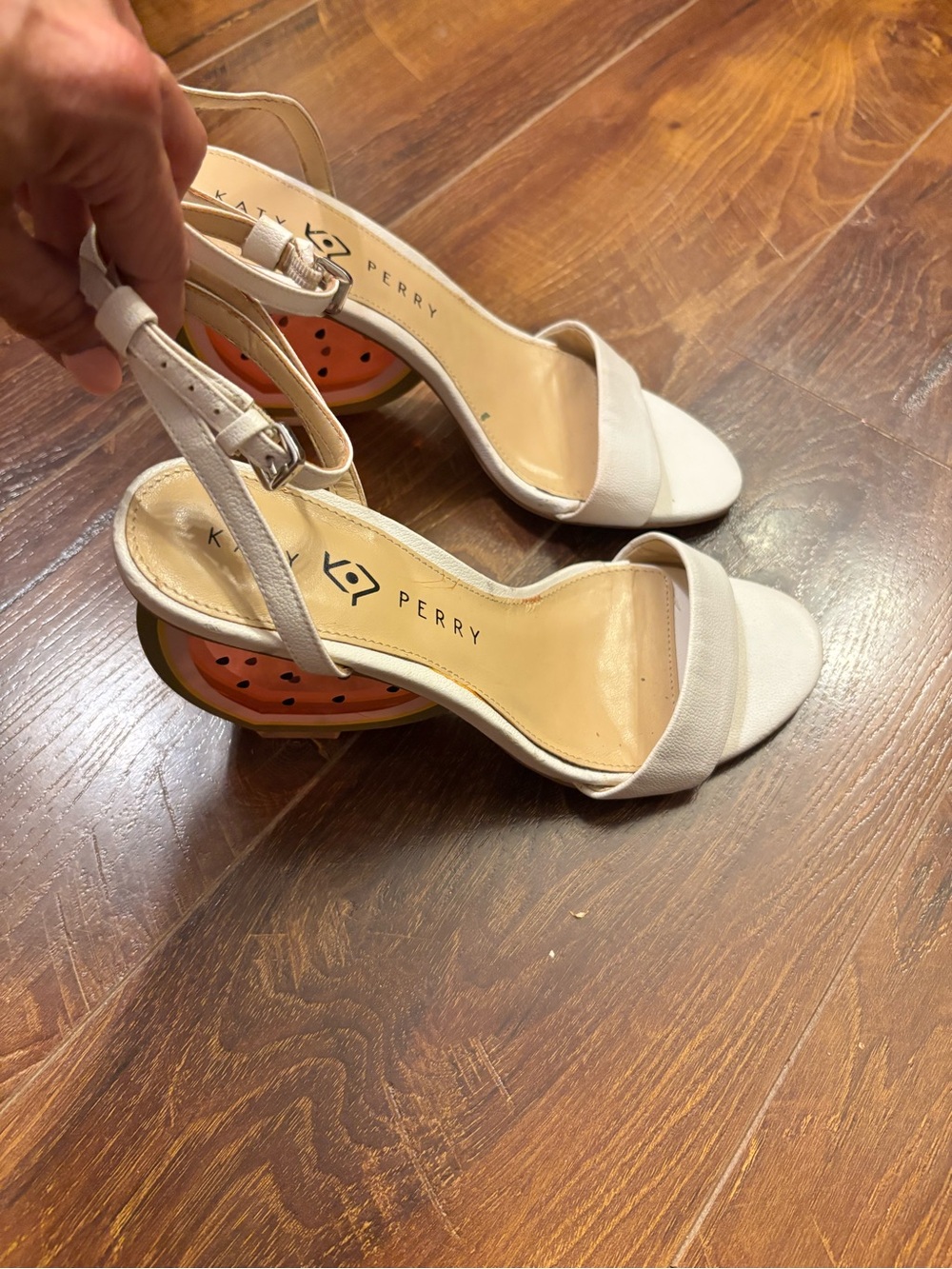 Katy Perry Collections White Open-Toe Ankle Strap Heels with Orange Accent Heel